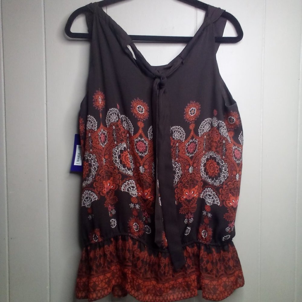 Apt. 9 Blouse L Sleeveless Beaded Ruffle Brown Orange - Picture 3 of 14